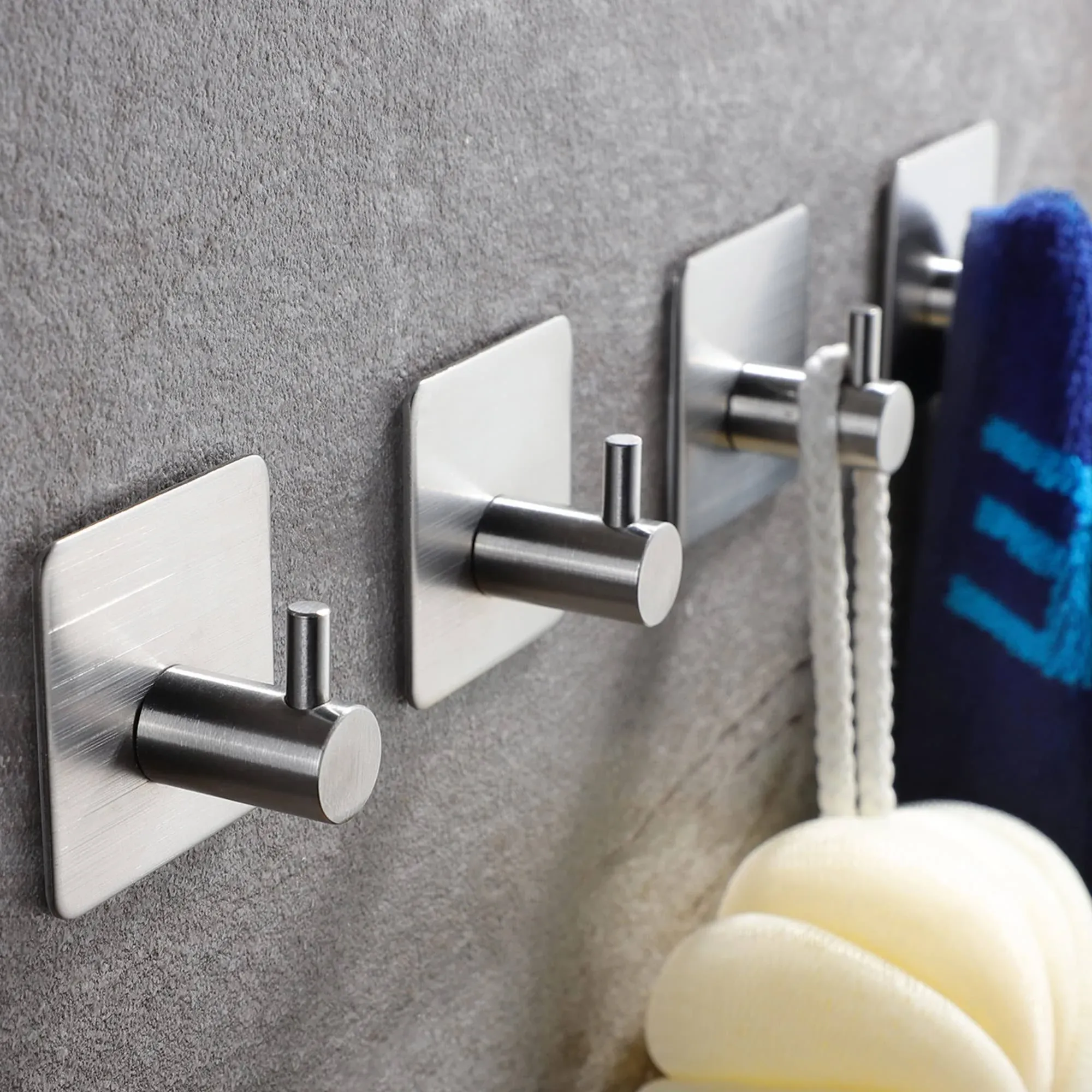 4pcs Self-Adhesive Towel Hooks - SUS 304 Stainless Steel, Stick-On Wall Hooks for Home Coat, Robe, and Bathroom Organization