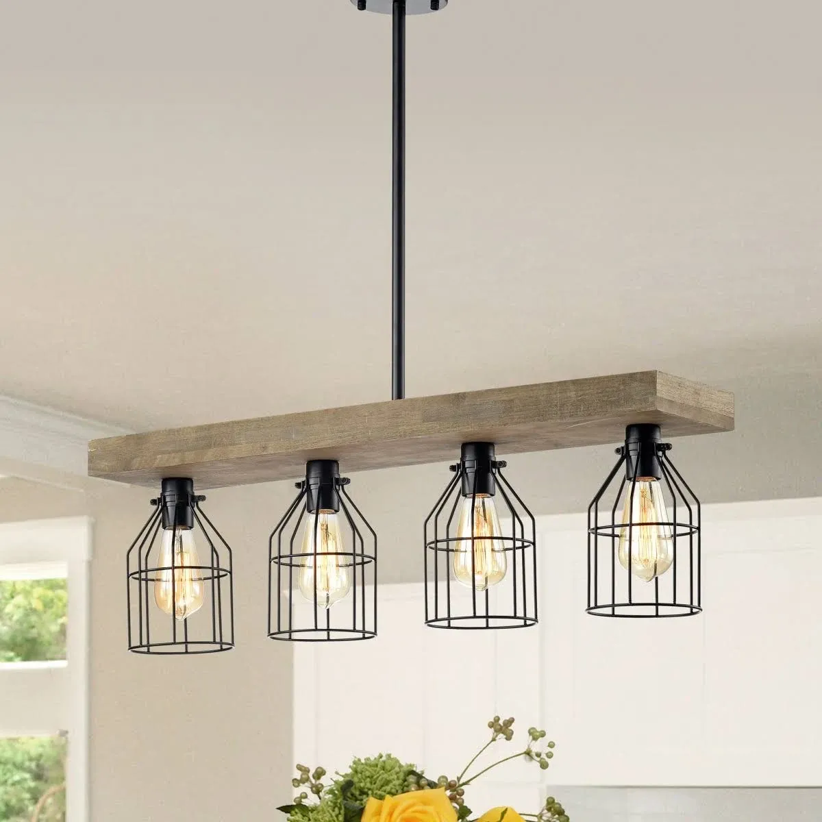 Warehouse of Tiffany IMP469A-4IWG Lourd 4-Light Wood & Metal Cage Chandelier; Matte Black