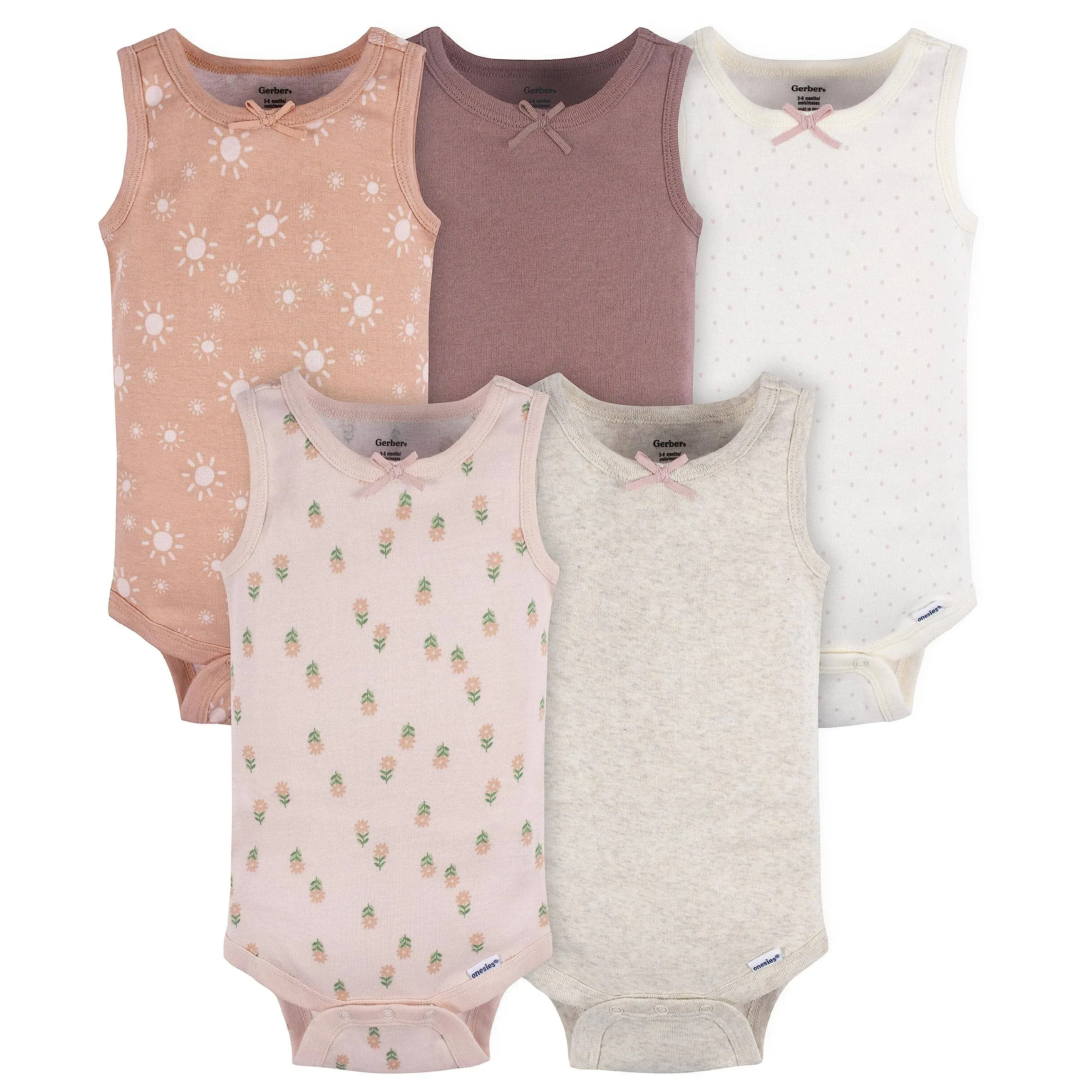 Gerber 5-Pack Baby Girls Flowers Sleeveless Onesies Bodysuits - 6-9mo