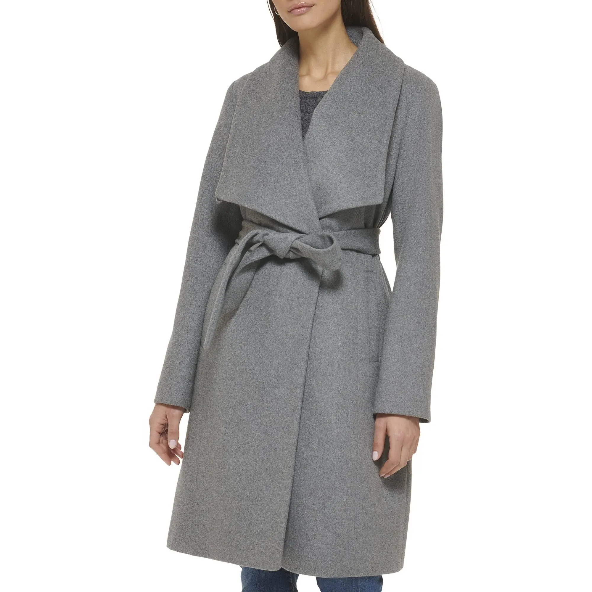 Cole Haan 39&quot; Slick Wool Wrap Coat with Exaggerated Collar