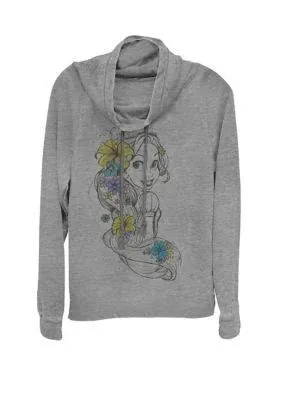 Disney Gray Heather Tangled Rapunzel Floral Pencil Sketch Cowl Neck Graphic Pullover