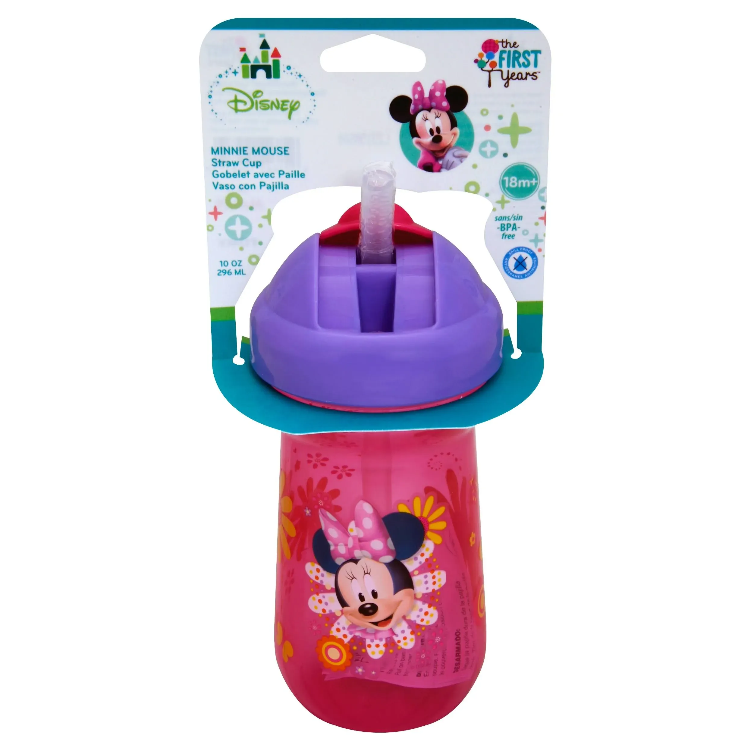 The First Years Disney Minnie Mouse Toddler Straw Cup - Spill Proof Flip Top Toddler Sippy Cups - 18 Months and Up - 10 Oz