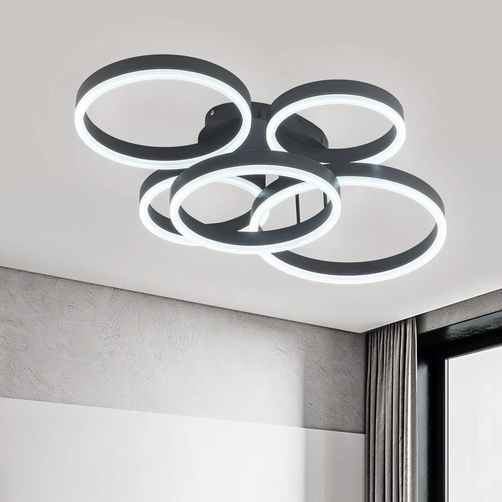 CHYING Modern LED Ceiling Light 5 Rings Flush Mount Lamp Black Round Fixture for ...