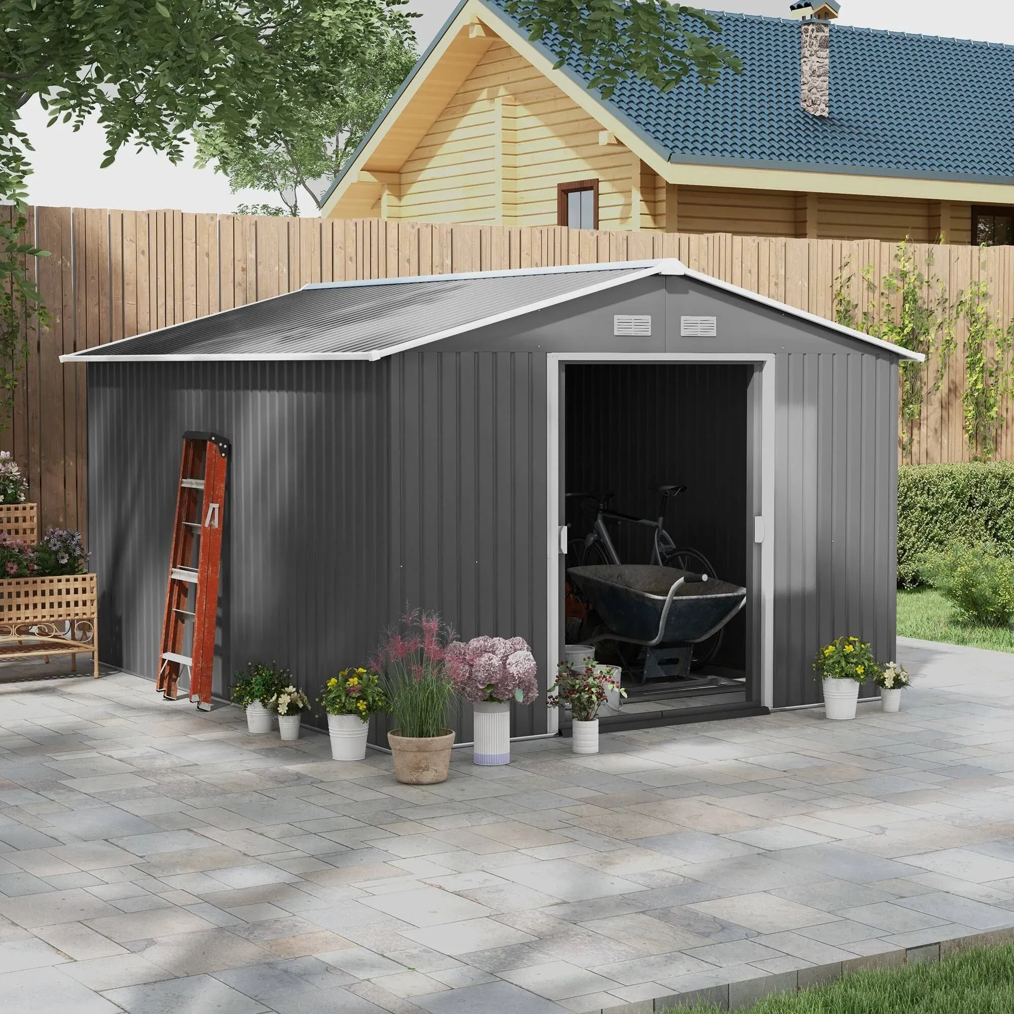 Outsunny 11' x 9' Metal Storage Shed Garden Tool House with Double Sliding Doors, 4 Air Vents for Backyard, Patio, Gray