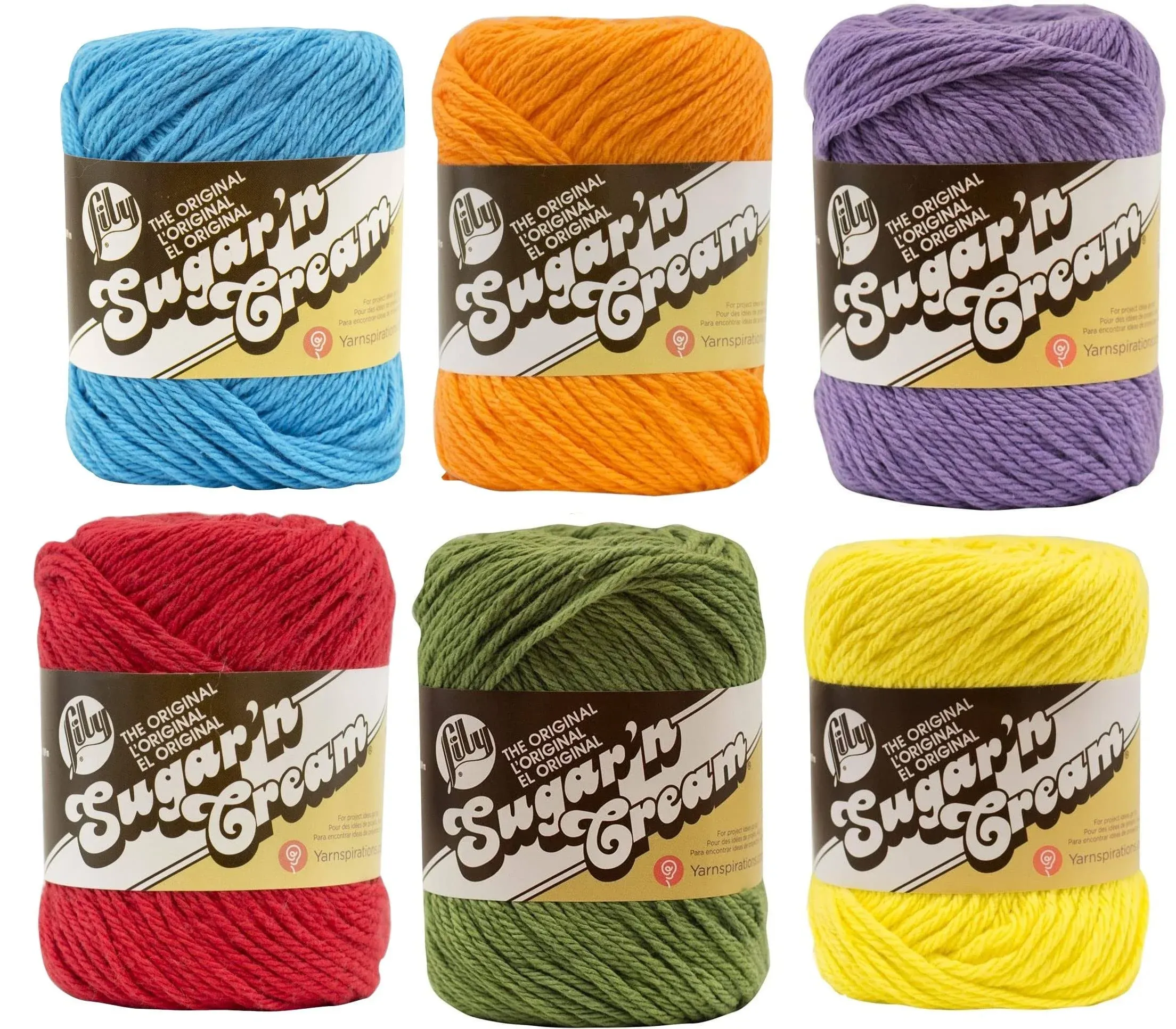 Lily Sugar n&#39; Cream Yarn 6 Pack Bundle Solid Color Red Yellow Blue Purple Green Orange