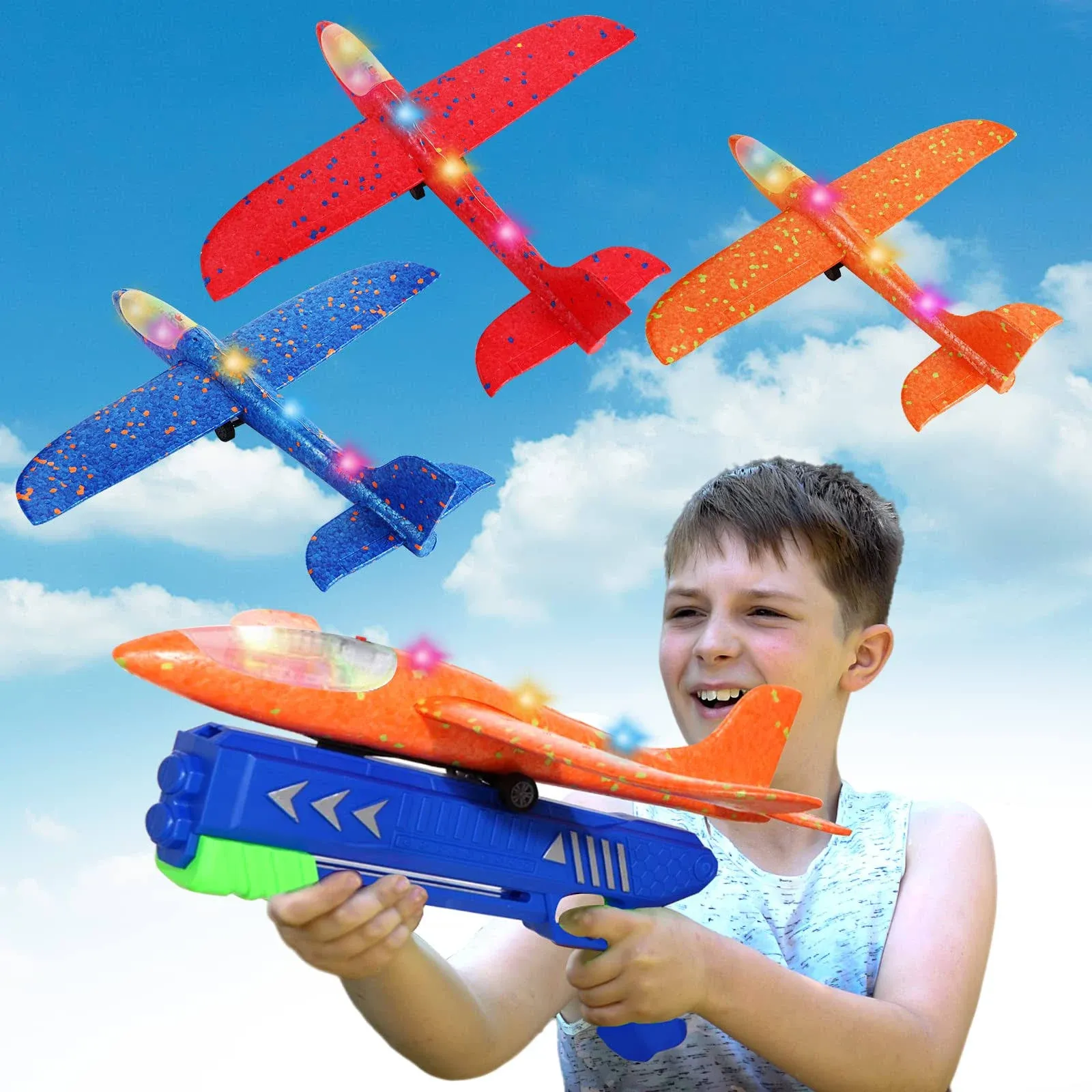 Aiencsai 3 Pack Airplane Launcher Toy 12.6" Foam Glider Led Plane 2 Flight Mode Catapult Plane for Kids Outdoor Sport Flying Toys Gifts for 4 5 6 7