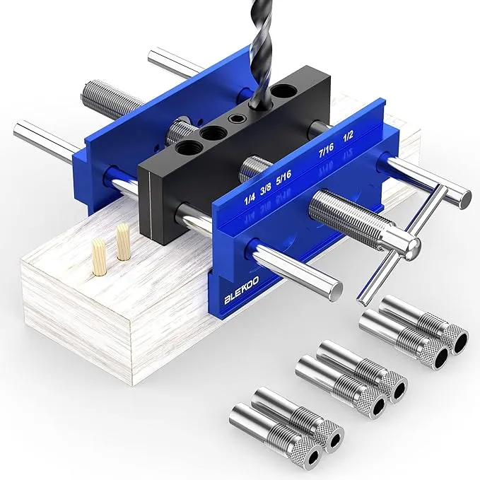 BLEKOO Upgraded 6.7 inch Self Centering Doweling Jig Kit, Drill Jig For Straight Holes Biscuit Joiner Set With 6 Drill Guide Bushings, Adjustable