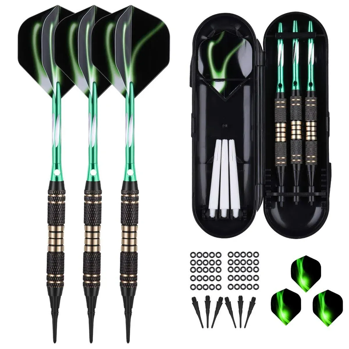 Soft tip Darts Set 18/20 Grams - Professional Darts Plastic Tip with Brass Barrel + Aluminum Shafts + 50 Rubber o-Ring + 6 Flights +50 Soft Tips for Electronic Dartboard