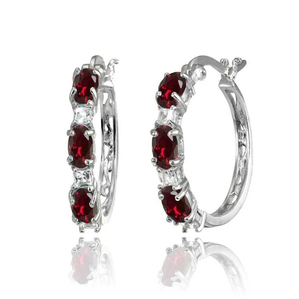 Sterling Silver Oval Created Ruby & Princess-Cut White Topaz Filigree Hoop Earrings