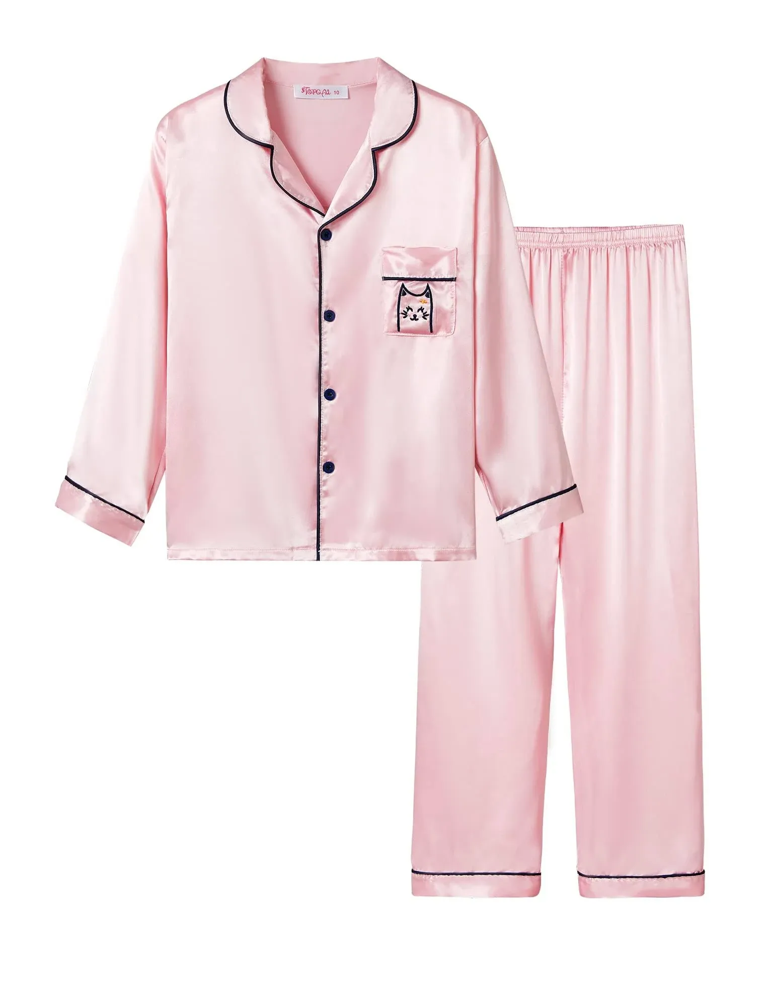 Topgal Big Girls Pajamas Size 8 - Quality Satin Cute Cat Long Sleeve Loungewear Pink