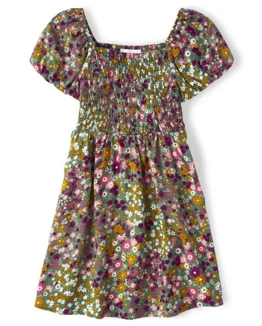 NEW THE CHILDRENS PLACE Girls Floral Smocked Dress - Eucalyptus Leaf SIZE:7/8