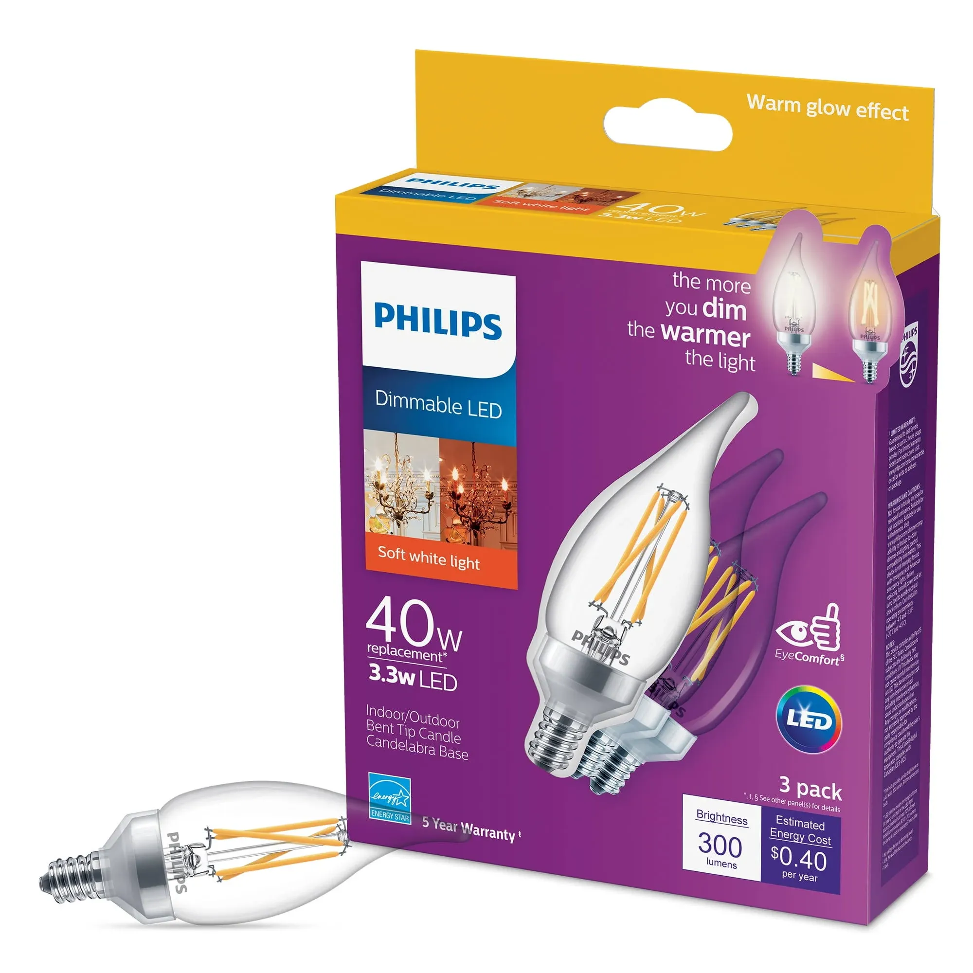 Philips Dimmable LED Bulb BA11 Candelabra (E12) Soft White 3.3w (40w Equivalent) Clear- Pack of 3