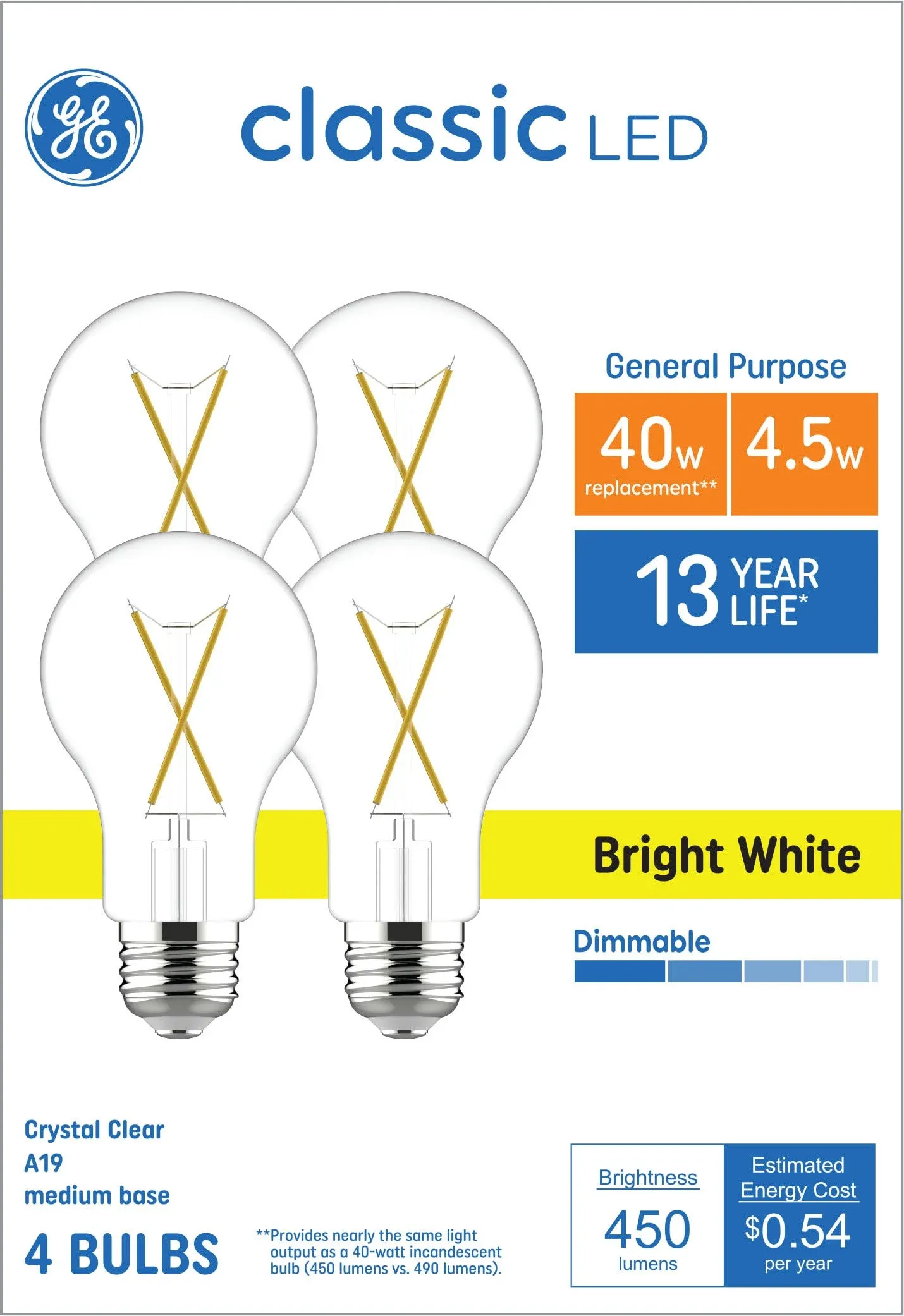 GE Classic LED Light Bulbs, 40 Watts, Bright White, A19 Bulbs, Medium Base, Clear ...