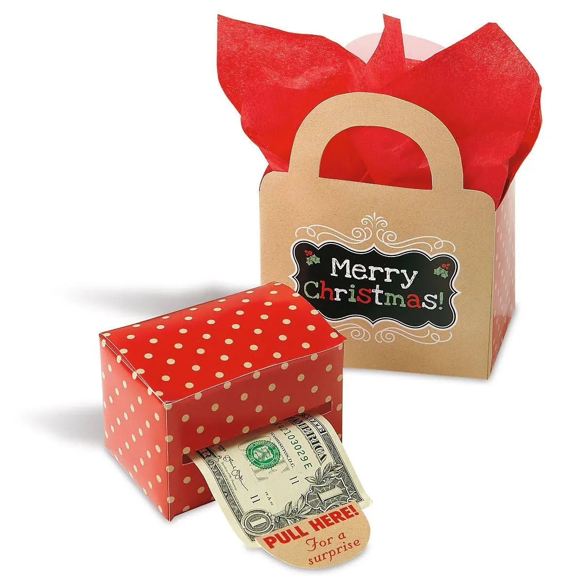 Current Kraft Christmas Money Dispenser and Gift Bag Set, 2-1/2 x 3-Inch Bill Holders with 3 x 6-1/2 x 9-Inch Gift Bag, Fun Holiday Cash Box for Kids, includes 60 Seals to Join Each Bill