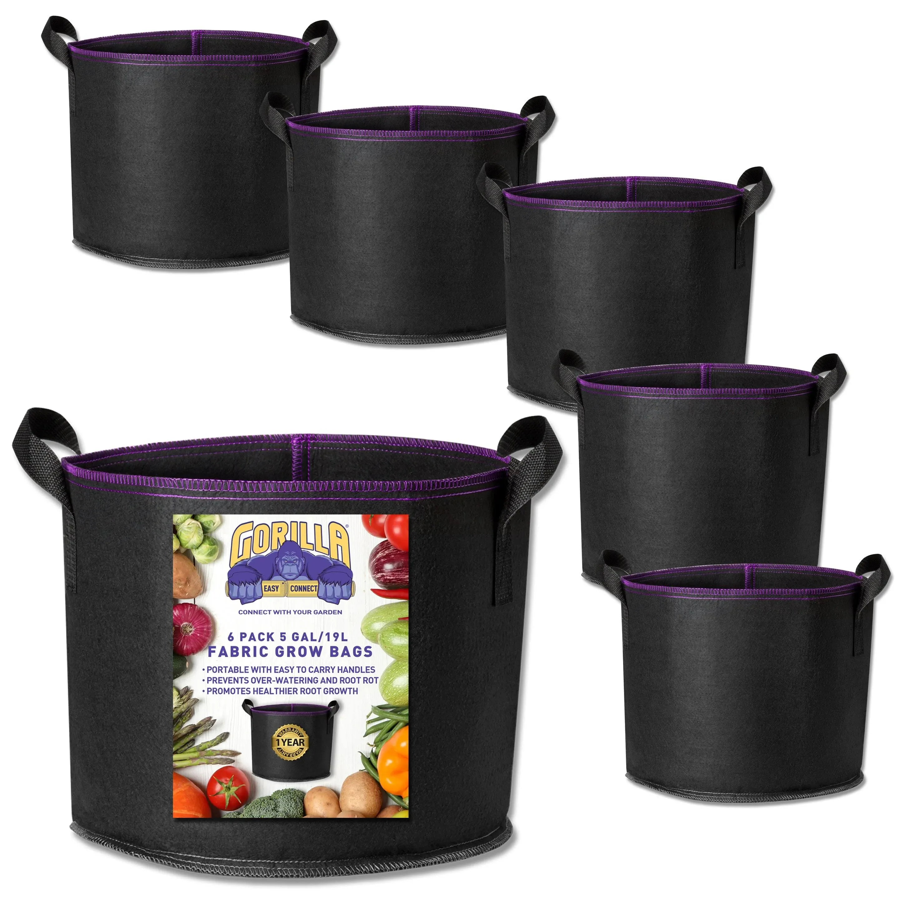 Gorilla Easy Connect Thickened Non-Woven Garden Grow Bags (6 Pack) 5 Gallon ...