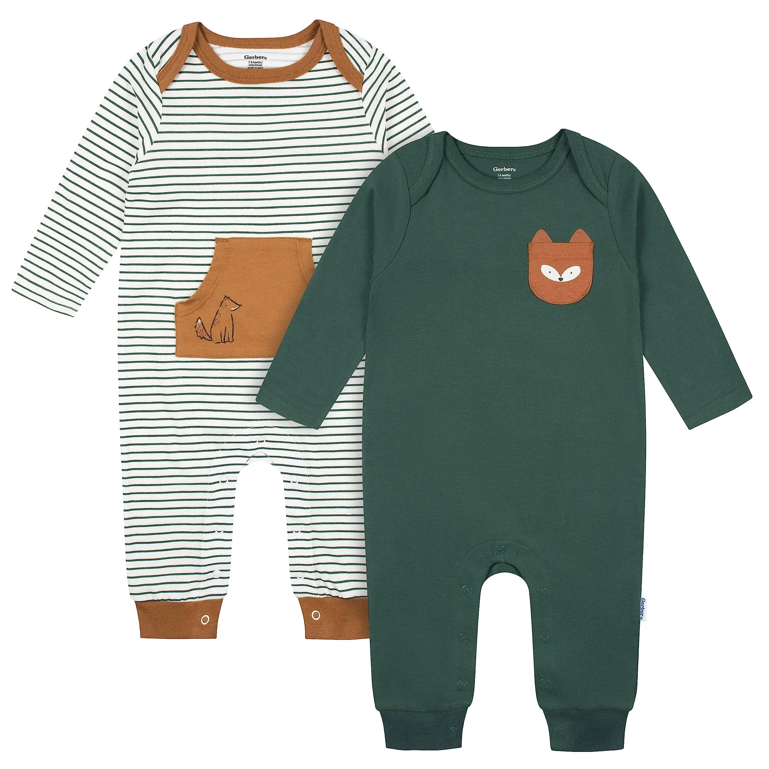 Gerber 2-Pack Baby Boys Green Fox Rompers - Newborn