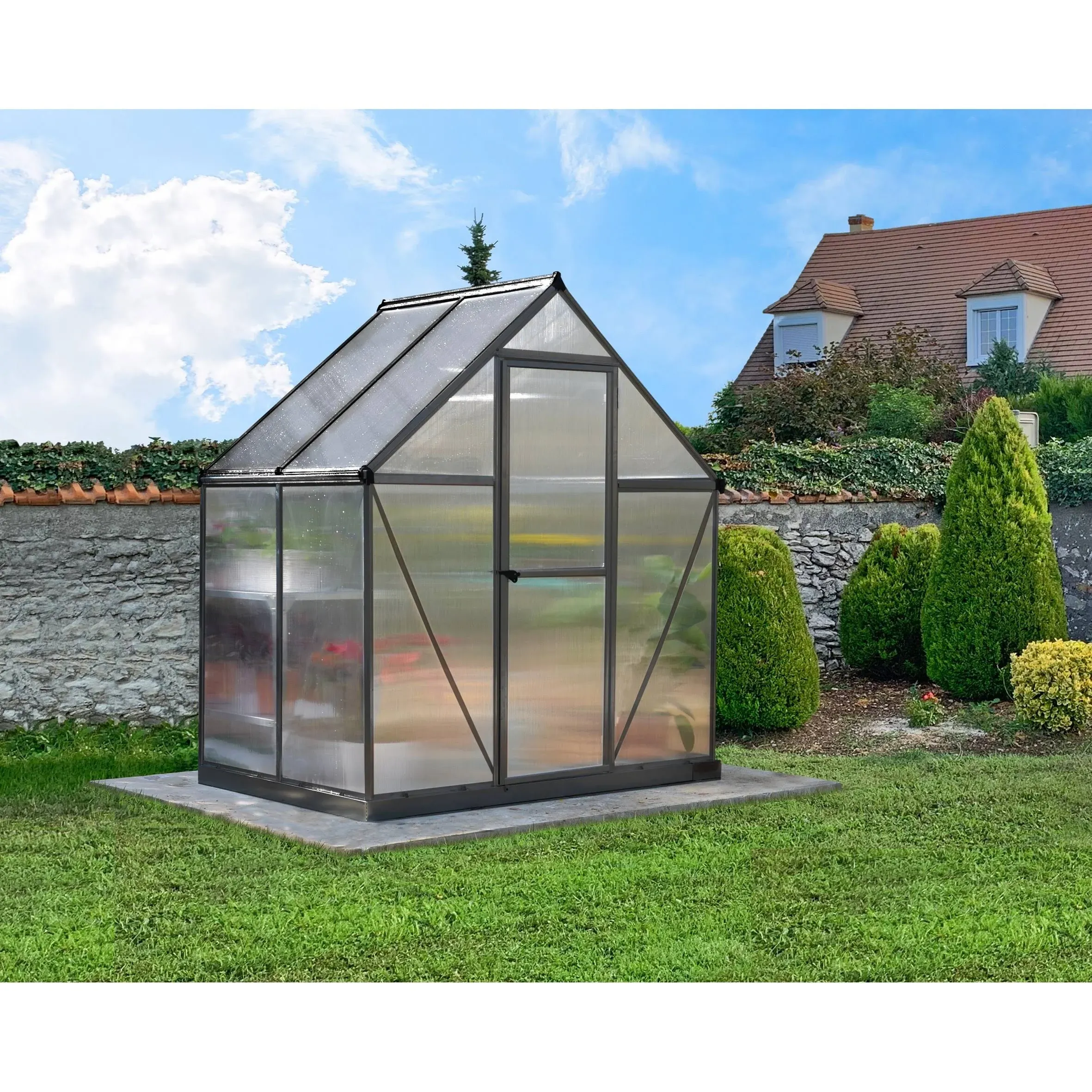 Palram Canopia Greenhouse Kit 6' x 4' Hobby Walk-in Polycarbonate Twin-Wall Heavy Duty Aluminum Frame Lockable Door ,Plant Hangers and Vent Mythos (Silver)