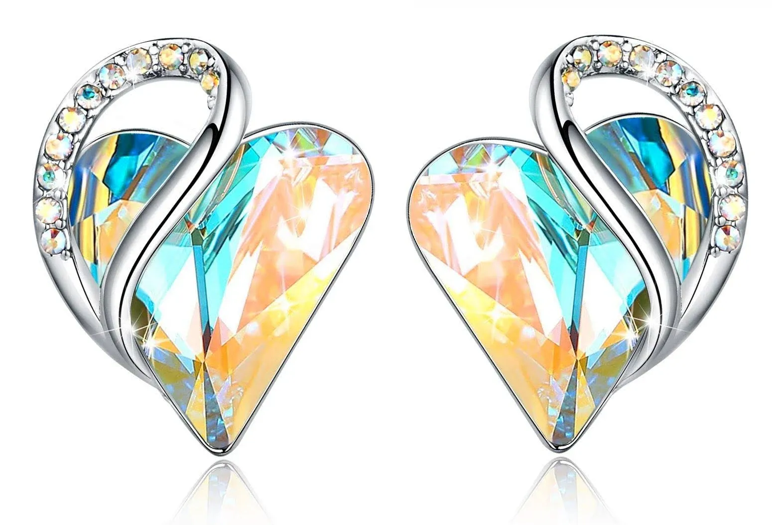 Leafael Infinity Love Heart Stud Earrings with Rainbow Opal White Birthstone ...