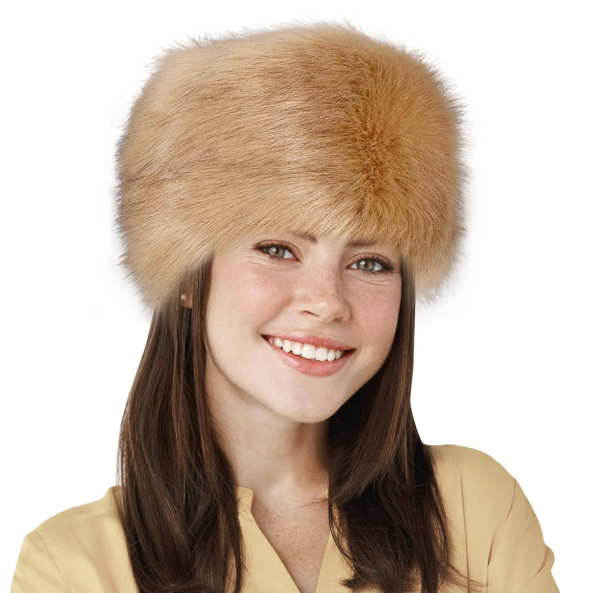 Dikoaina Faux Fur Cossack Russian Style Hat for Ladies Medium-Large, Khaki 