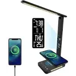 Banrterd LED Desk Lamp with Wireless Charger, USB Charing Port for Home Office, Dimmable Eye-Protecting Desk Light with Night Light, Digital Alarm Clock, Temperature, Black