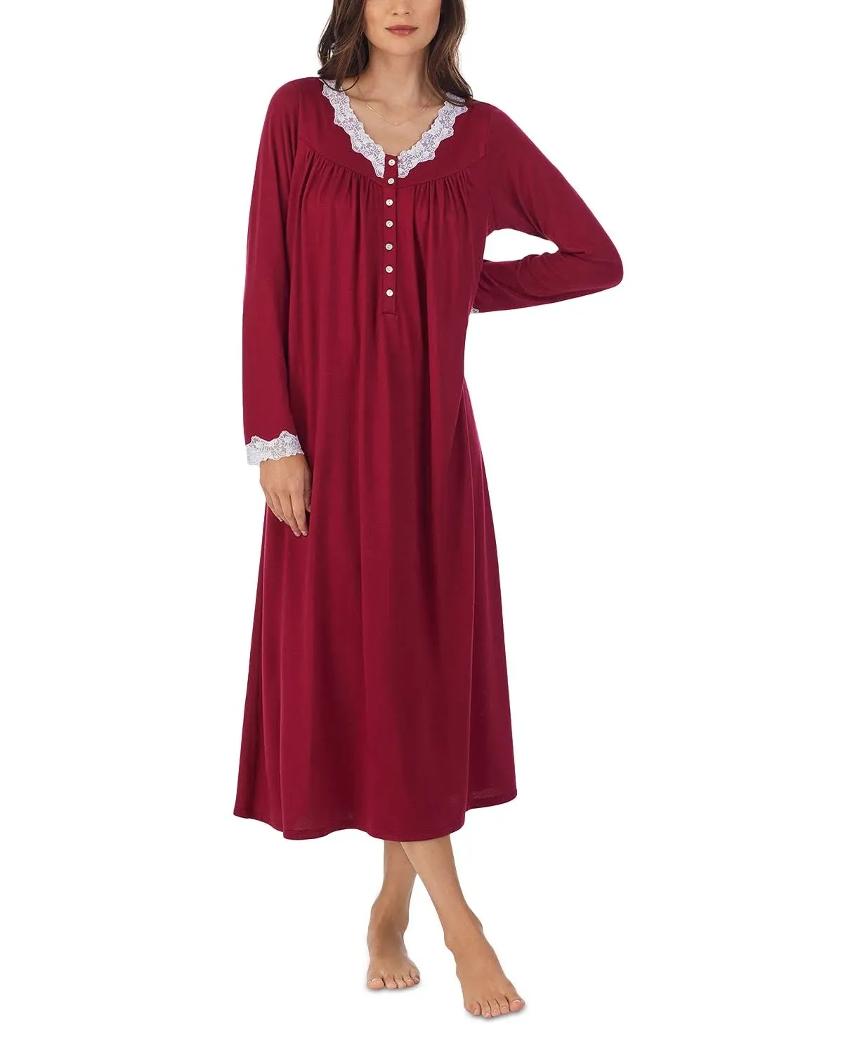 Eileen West Solid Sweater Knit Long Sleeve V-Neck Nightgown - L