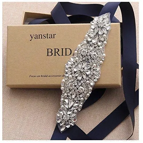 yanstar Rhinestone Bridal Belt Wedding Sash Belt Handmade Crystal Beads Wedding Dress Belt