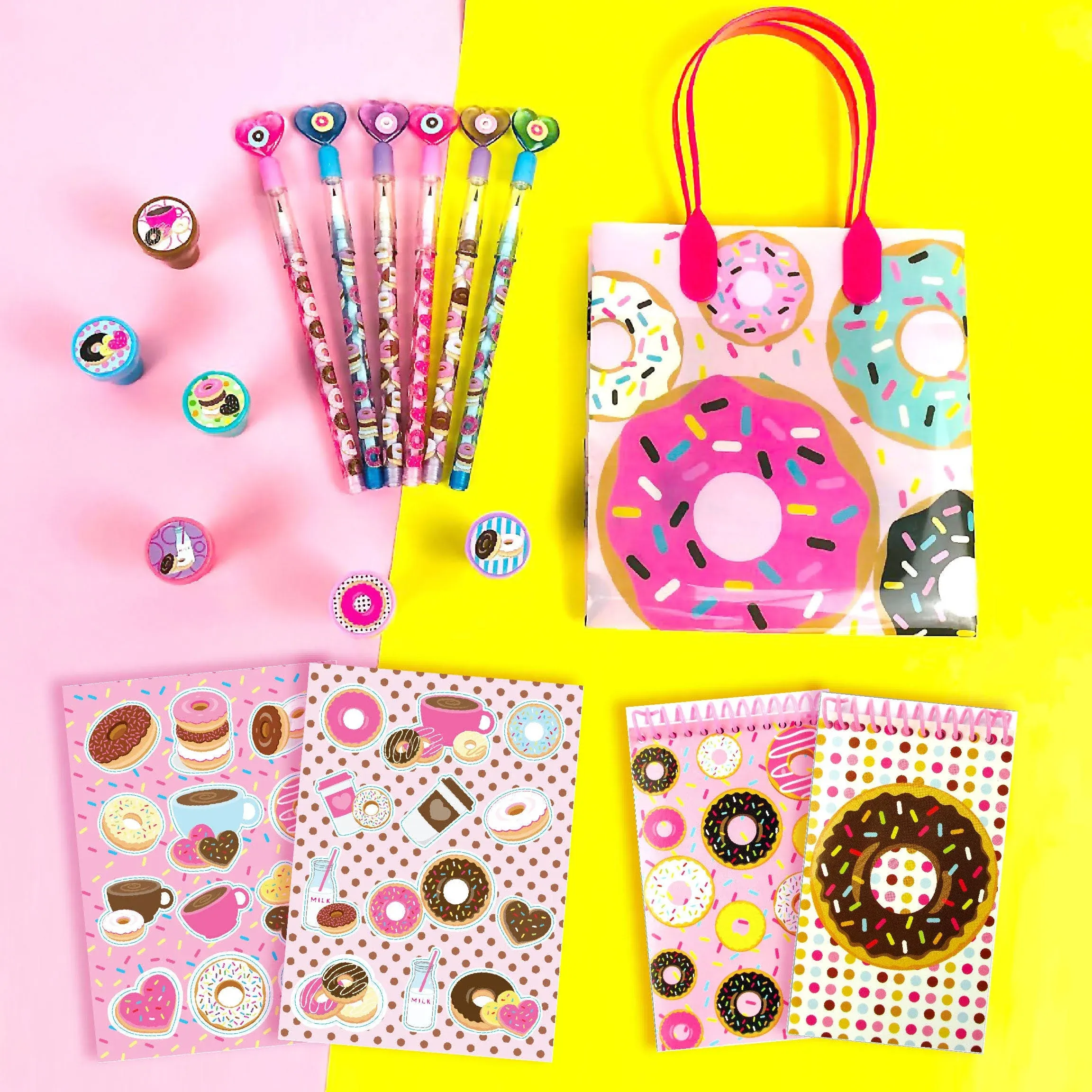 TINYMILLS Donuts Birthday Party Favor Set (12 Multi-Point Pencils, 12 Self-Inking Stampers, 12 Sticker Sheets, 12 Small Spiral Notepads) Donuts