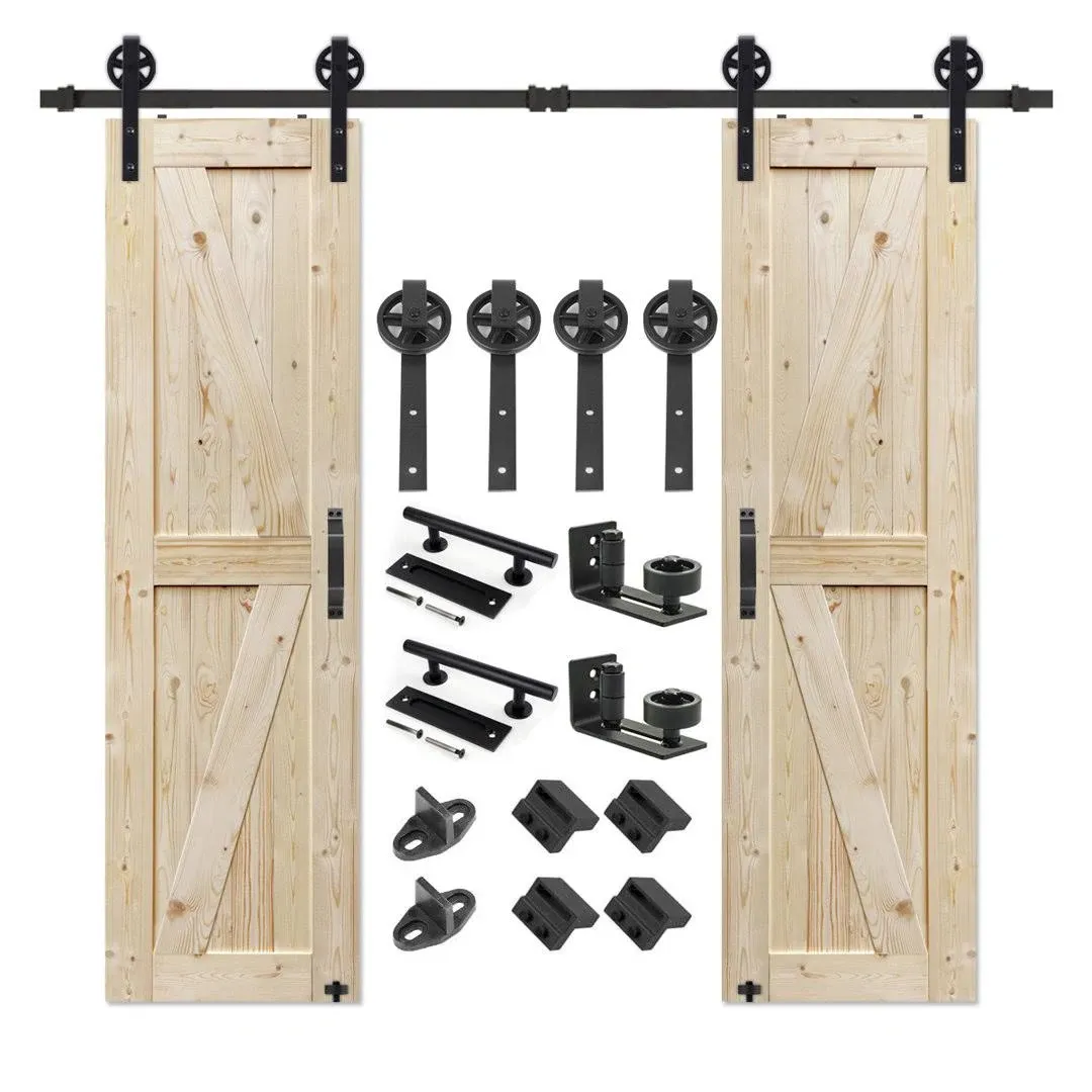 Paneled Wood Unfinished Double Barn Door with Installation Hardware Kit S&Z TOPHAND