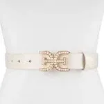 Sam Edelman Women's Imitation Pearl Embellished Double-E Logo Plaque Buckle Leather Belt for Jeans, Dresses and Trousers