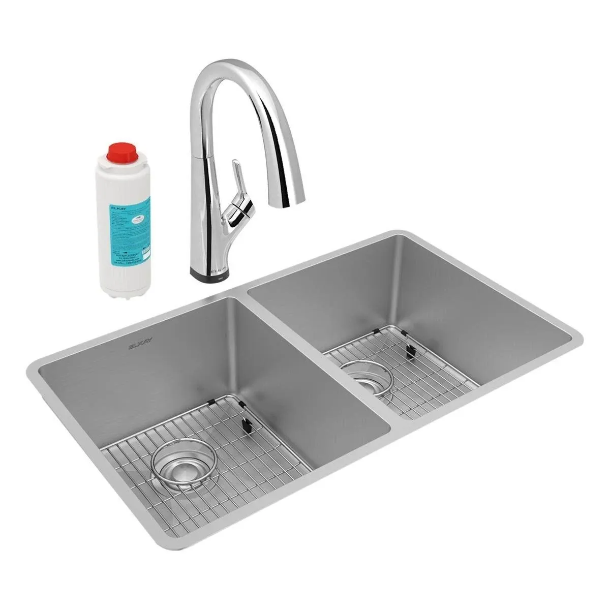 Elkay Crosstown 18 Gauge Stainless Steel 31-1/2" x 18-1/2" x 9" Equal Double Bowl Undermount Sink Kit with Filtered Faucet