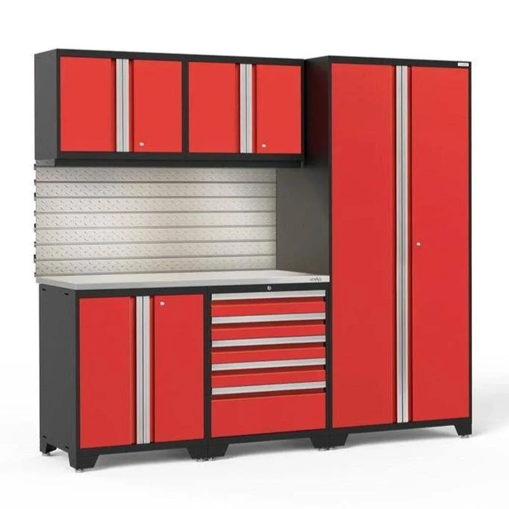 NewAge Products Pro Series Red 6-Piece Cabinet Set Stainless Steel Top, Slatwall ...