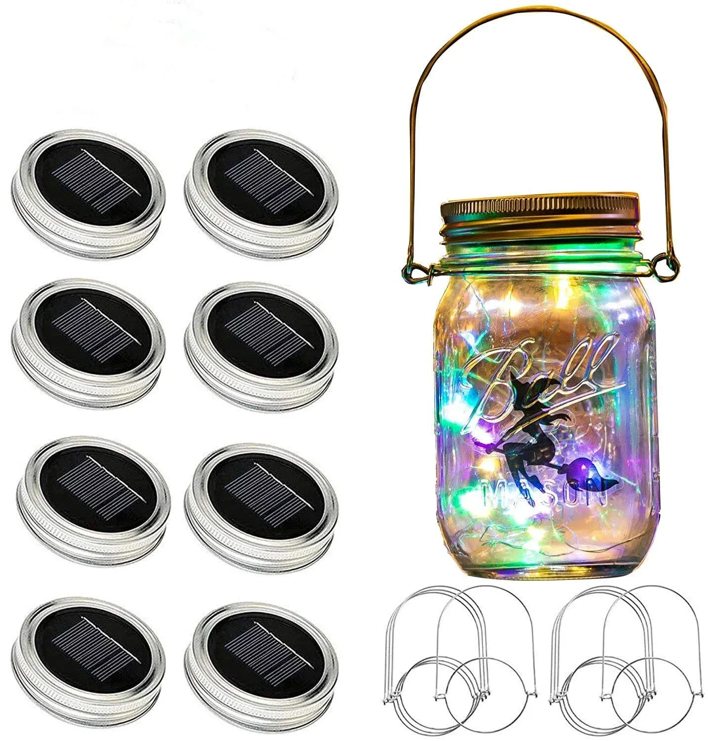 YJFWAL 2024 Updated Solar Mason lid Light, 8 Pack 30Led Waterproof Fairy Firefly Lights, Including 8 Hangers (Jars Not Included), Best for Patio Courtyard Garden Wedding DIY Decor(Multicolor)