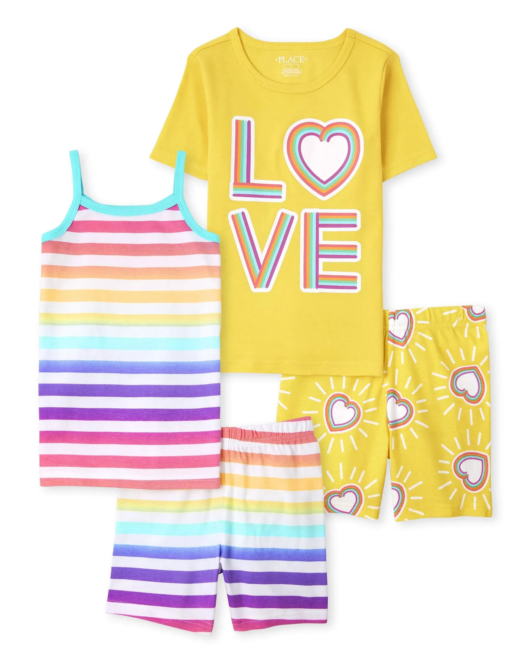 The Children's Place Girls' Snug Fit 100% Cotton Sleeve Top and Shorts 4 Piece Pajama Set