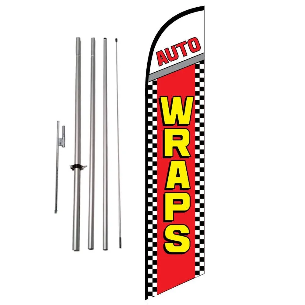 Auto Wraps 15 foot Outdoor Advertising Feather Banner Flag Kit with Pole and Ground Spike