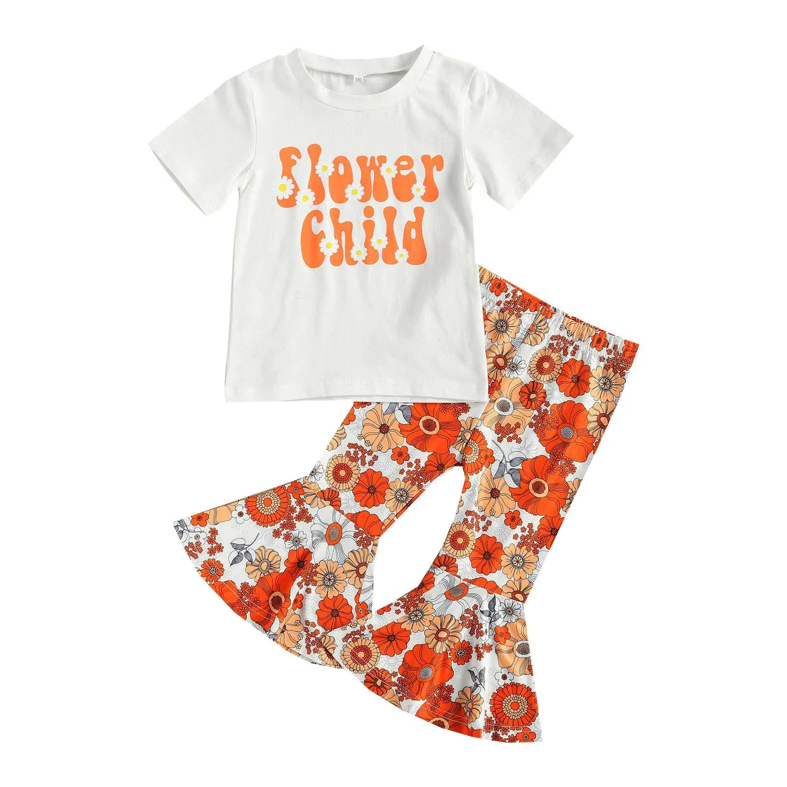 YOKJZJD Toddler Baby Girl Letter Short Sleeve T-Shirt Tops Floral Flared Bell-Bottom Pants Leggings Kids Summer Outfits Set