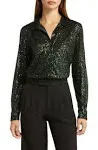 Open Edit Sequin Button-Up Shirt in Green Botanical at Nordstrom, Size Small