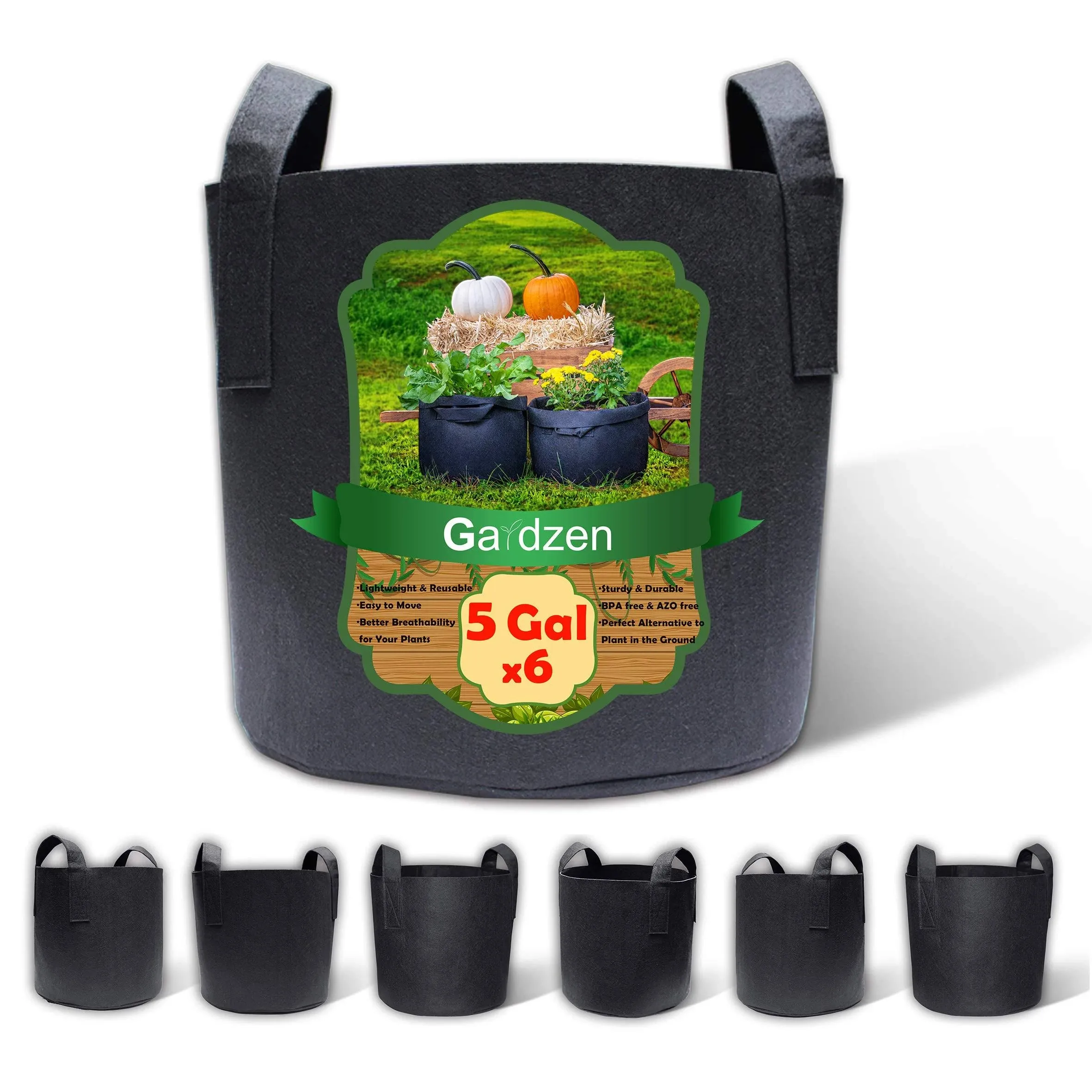 Gardzen 6-Pack 5 Gallon Grow Bags, Aeration Fabric Pots with Handles, Heavy Duty Cloth Pots for Plants