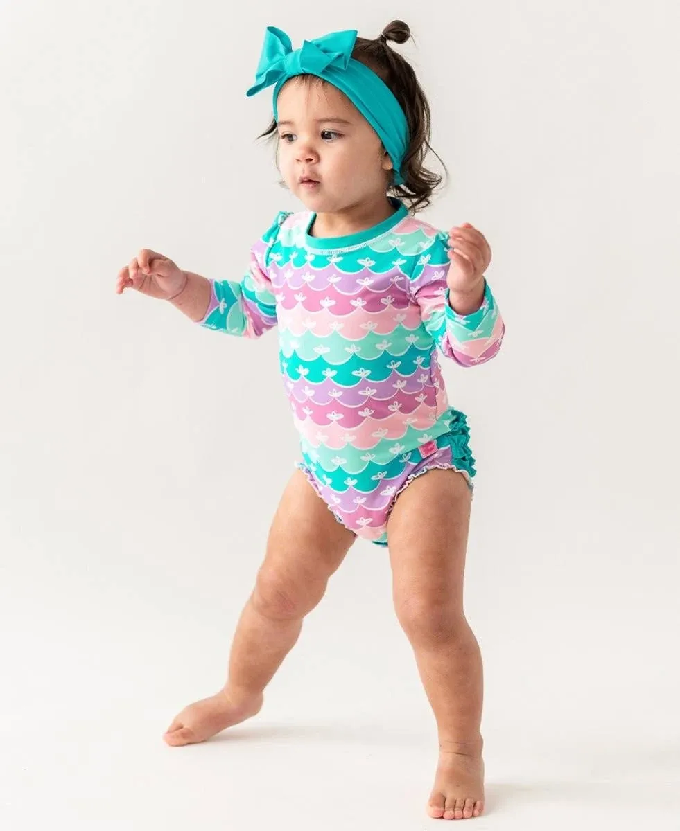 RuffleButts Mermaid One Piece Rash Guard - 3-6M