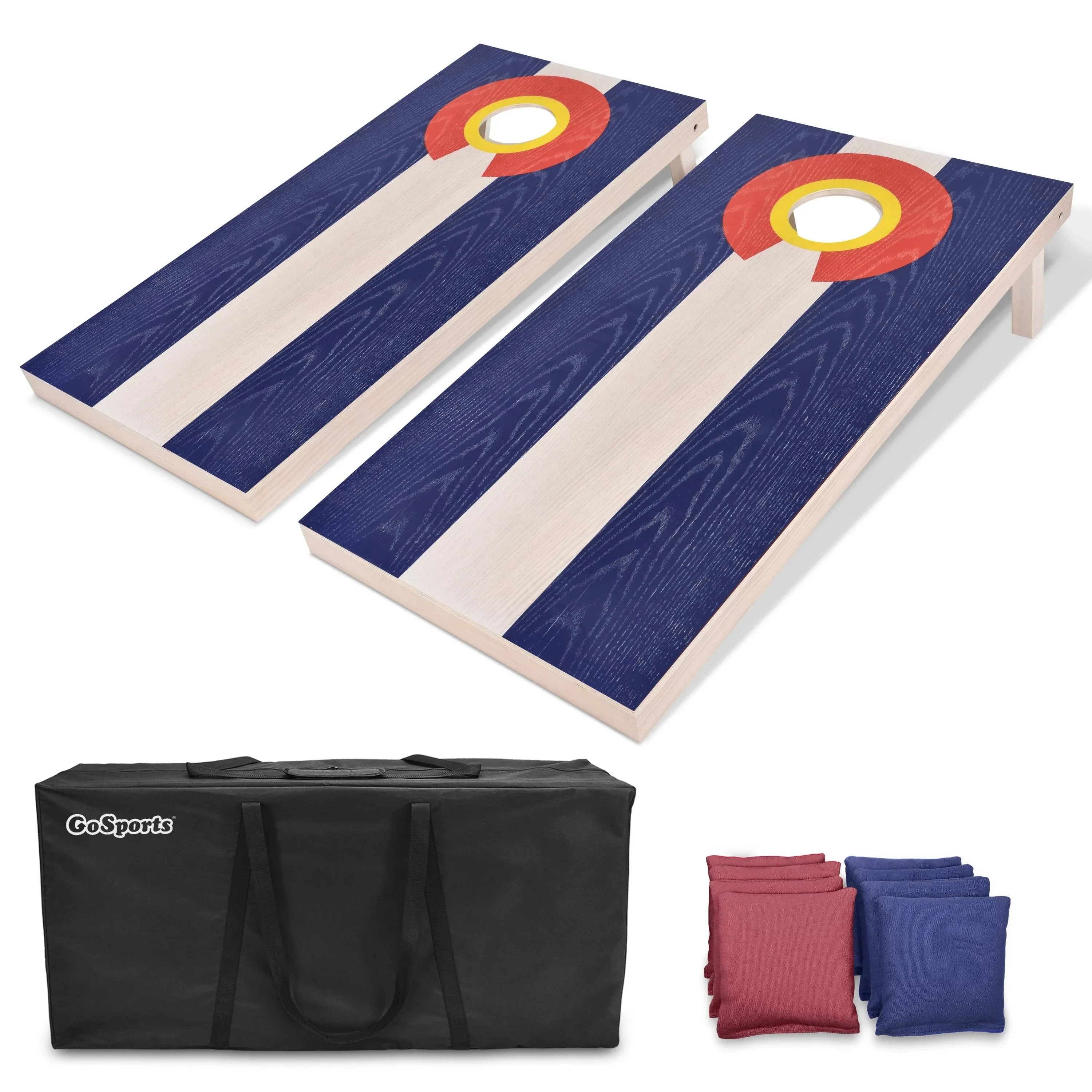 GoSports Flag Series Wood Cornhole Sets – Choose American Flag or State Flags – Includes Two Regulation Size 4 ft x 2 ft Boards, 8 Bean Bags, Carrying Case and Rules