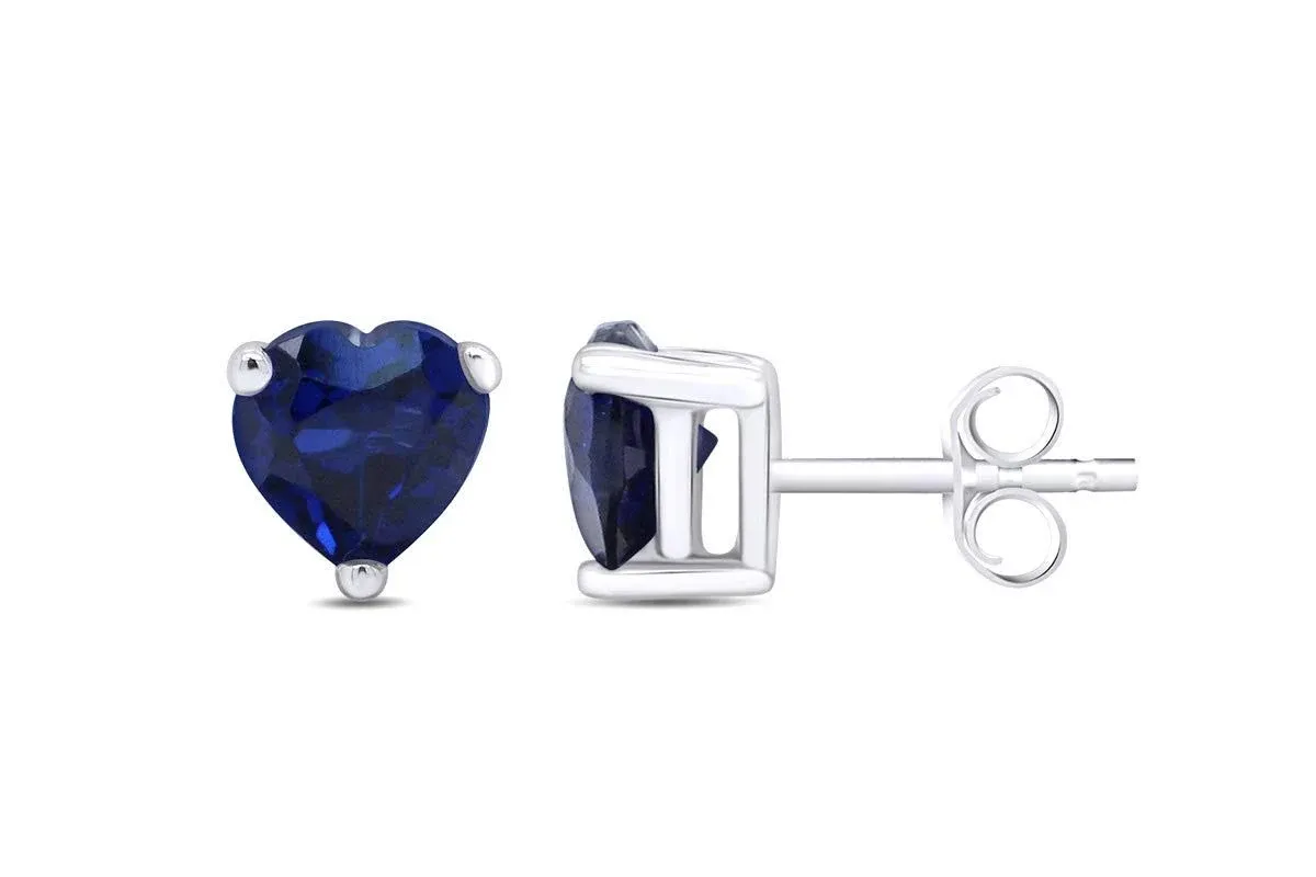 Heart Shape Simulated Blue Sapphire Stud Earrings In 14K White Gold Over Ster...