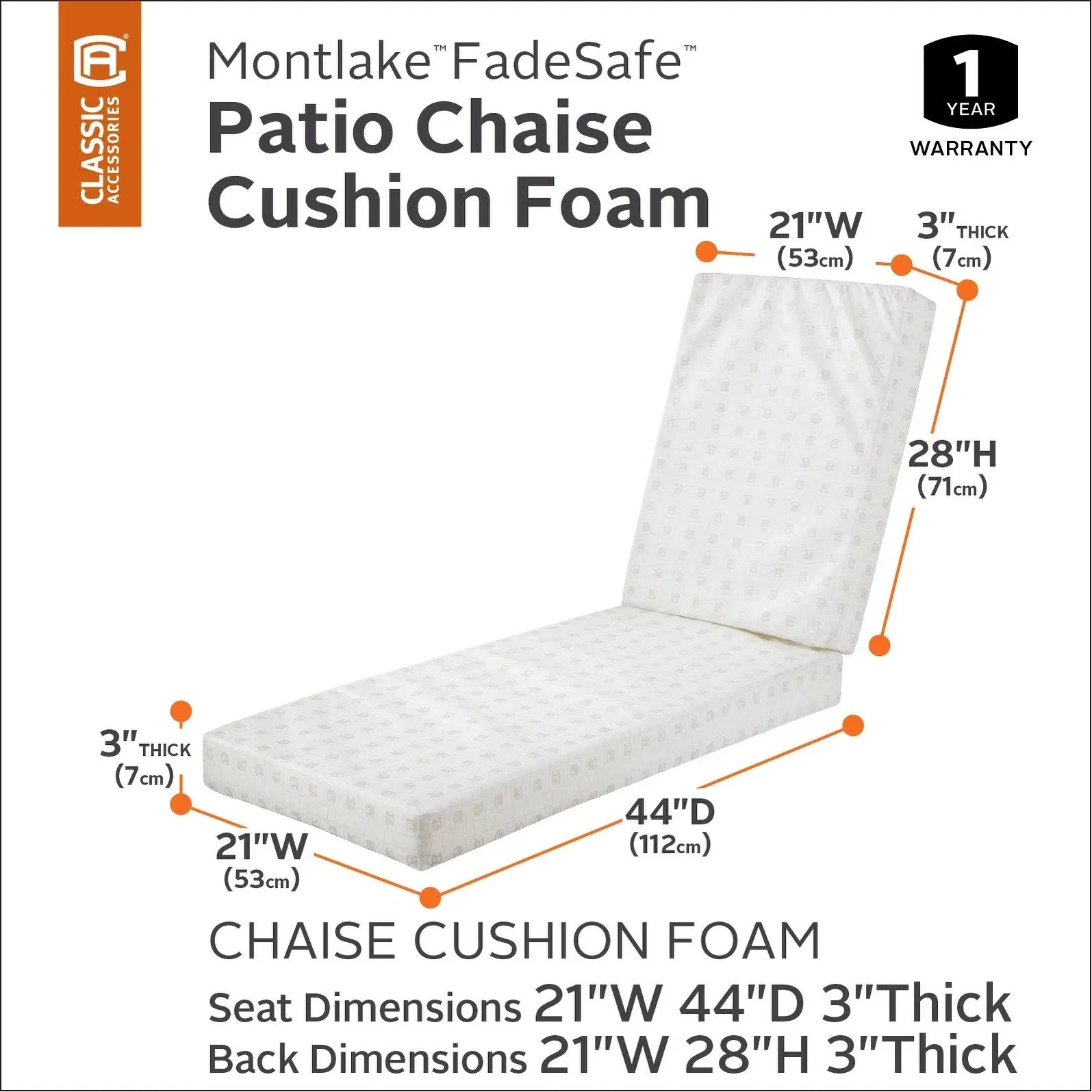 Classic Accessories Montlake Patio Chaise Lounge Cushion Foam - 3&#034; Thick - High 