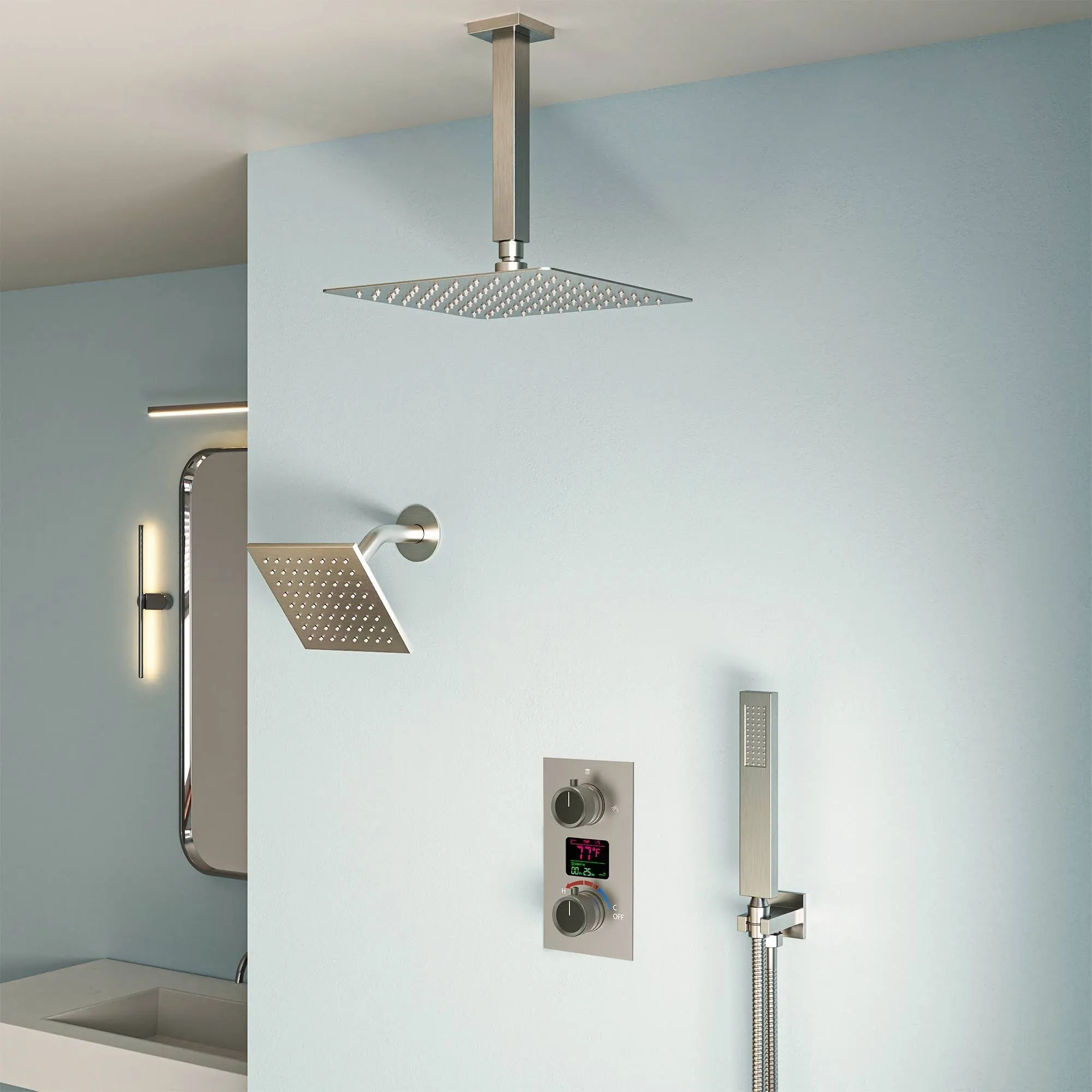 EVERstein 12" High-Pressure Rainfall Ceiling Mount Complete Shower System with LCD Display