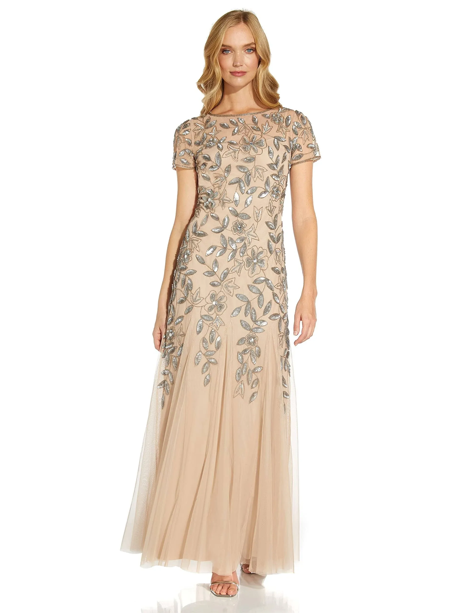 Adrianna Papell Women's Floral Beaded Godet Gown