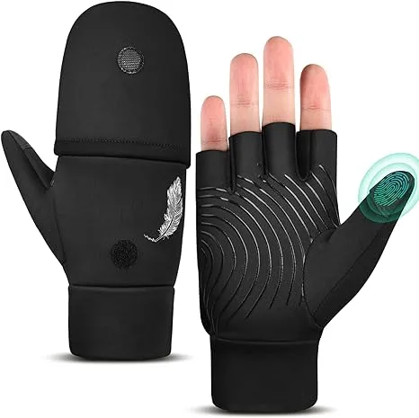 EEFOW Half Finger Flip Men's Thermal Winter Gloves - Outdoor Warm Touchscreen ...