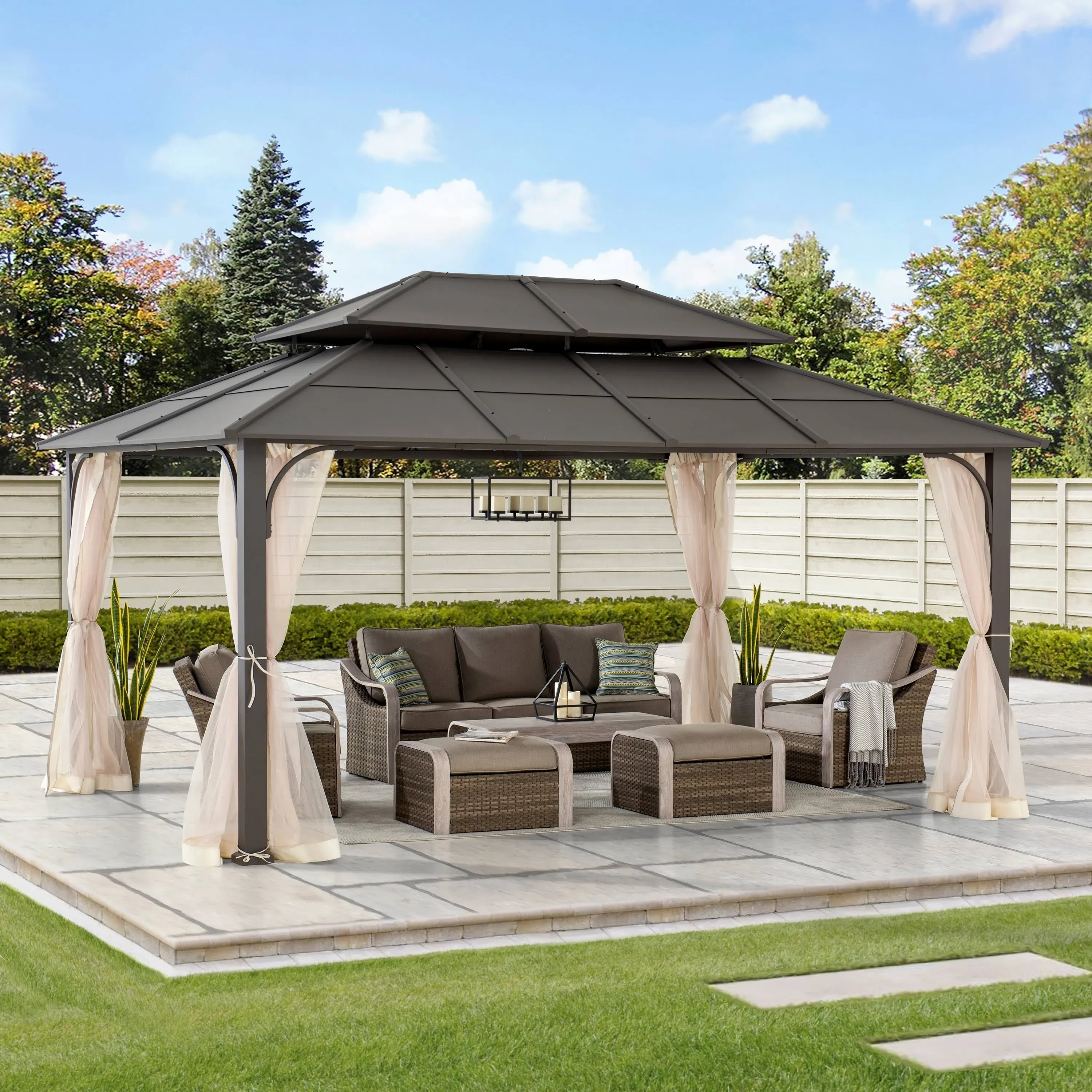 Sunjoy Steel Gazebo with 2-Tier Hip Roof Hardtop