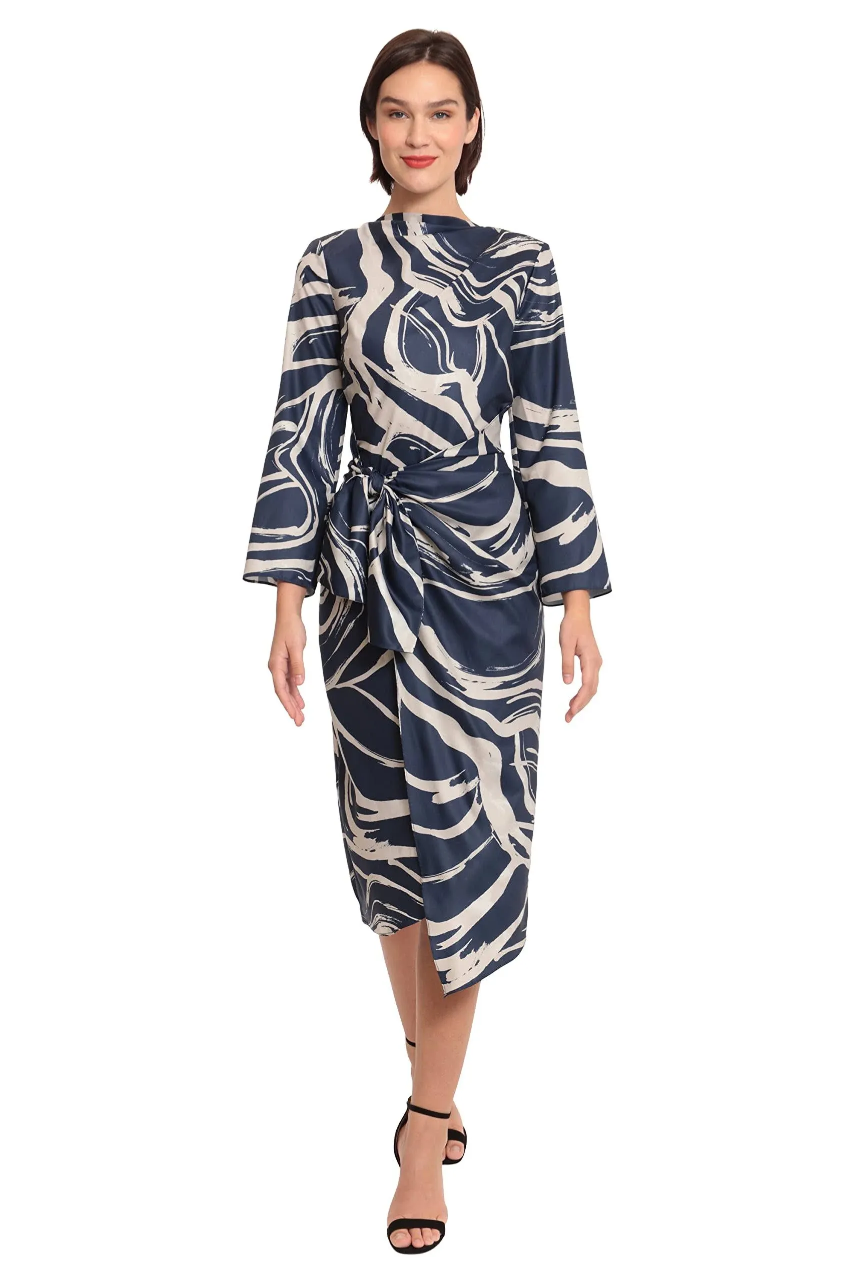 High Neck Long Sleeve Tie Waist Wrap Dress