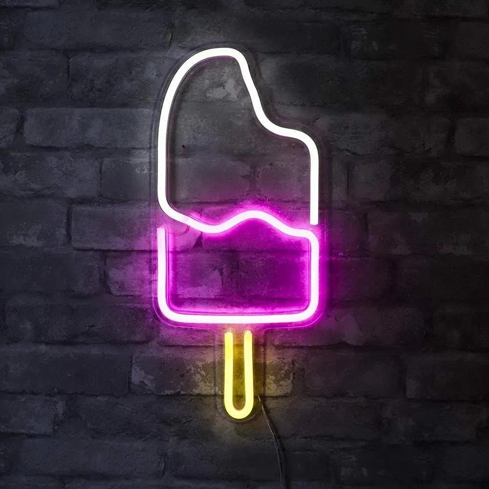 Isaac Jacobs 18 x 8 inch LED Neon White & Pink Icecream Popsicle Wall Sign for ...