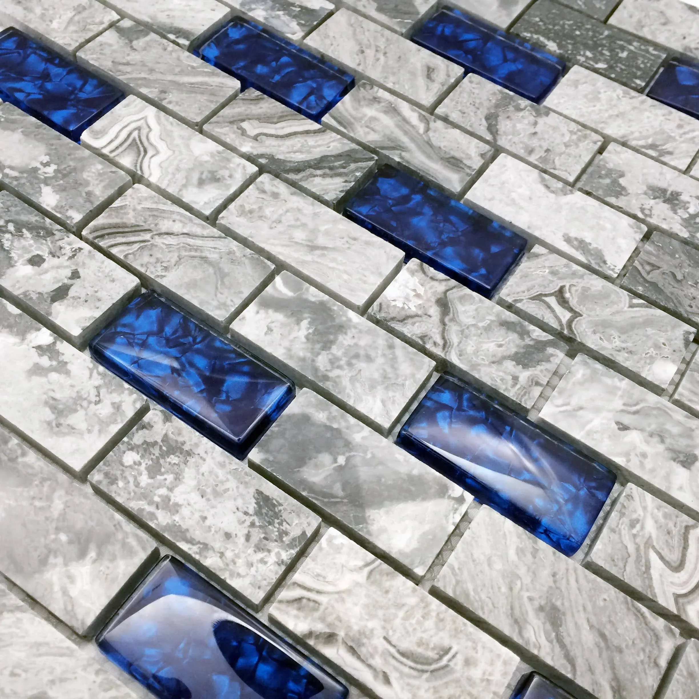 Glass and Stone Subway Tile 1"x2" Royal Blue & Gray Polished Mosaic Backsplash  | eBay