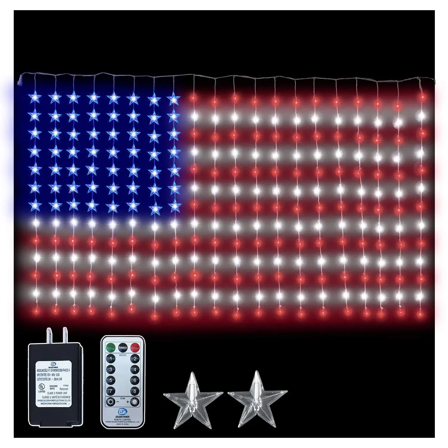 Russell Decor American Patriotic Flag Lights Curtain Lights with Stars Outdoor Indoor Waterproof Festival Party Red White Blue (6 ft x 3.5 ft)