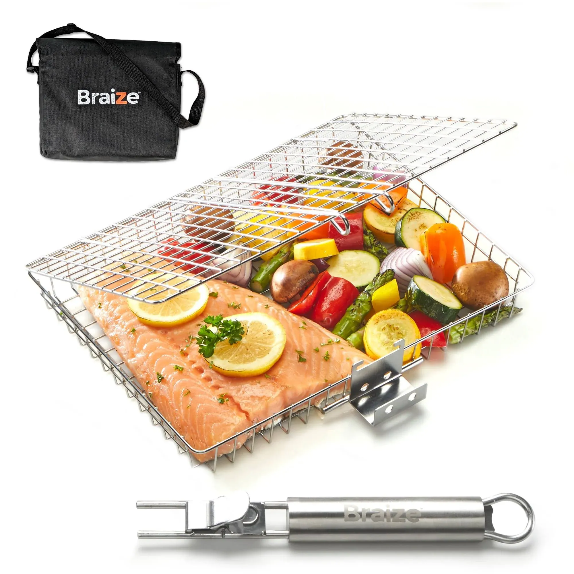 BRAIZE Grill Basket with REMOVABLE HANDLE fish grill basket - Grill accessori...